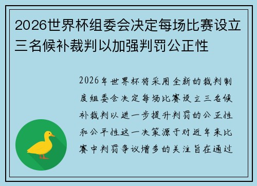 2026世界杯组委会决定每场比赛设立三名候补裁判以加强判罚公正性 2026世界杯组委会决定每场比赛设立三名候补裁判以加强判罚公正性