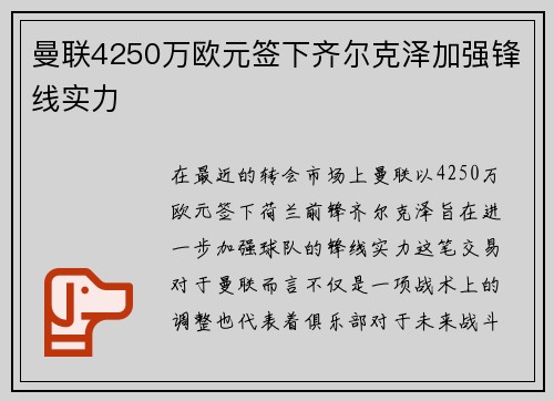 曼联4250万欧元签下齐尔克泽加强锋线实力